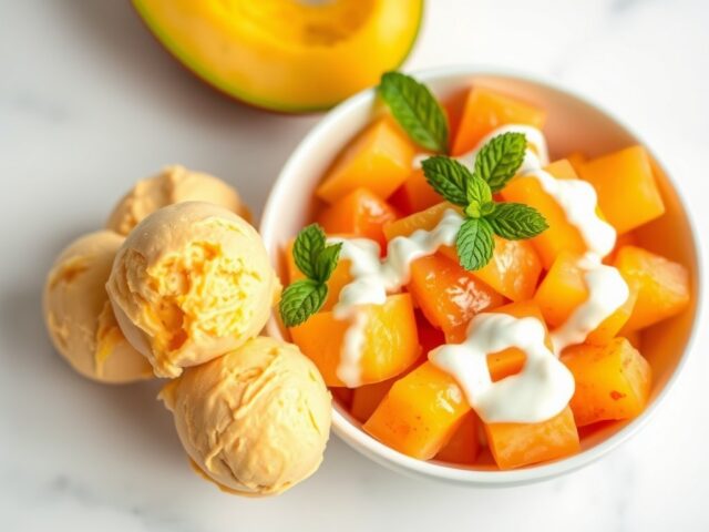 Mangoijs met meloensalade en yoghurtsaus