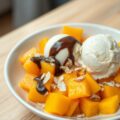 Mangosalade met gebrande amandelen roomijs en