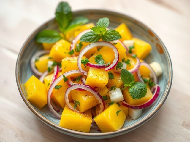 Mangosalade met munt en walnoot — AI-gegenereerde illustratie
