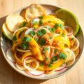 Mangosalade met pinda koriandersaus en appelchips
