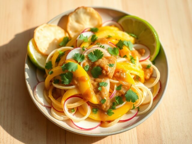Mangosalade met pinda koriandersaus en appelchips