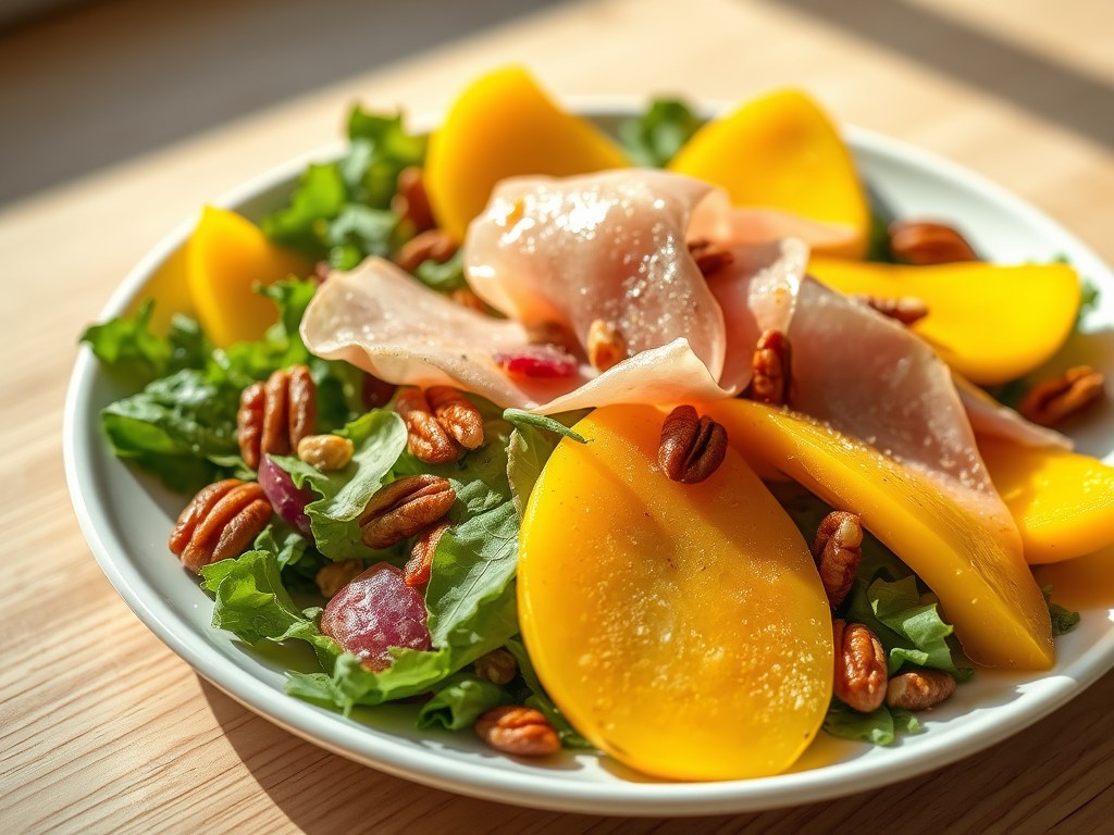 Mangosalade met rauwe ham, AI-gegenereerde illustratie