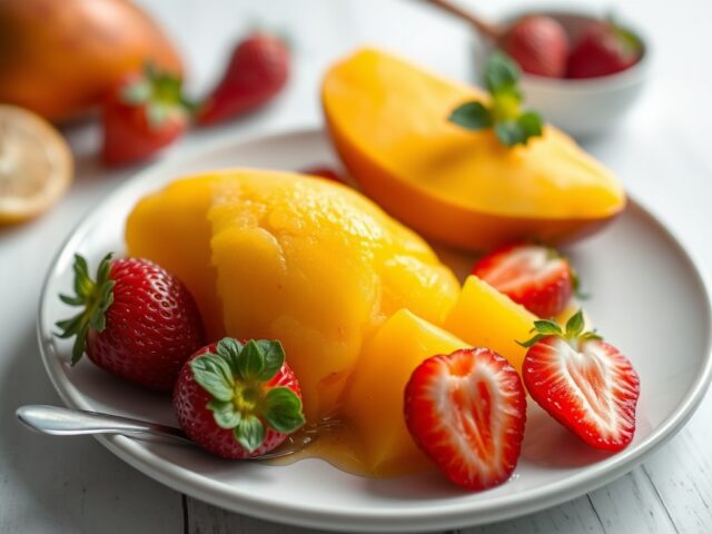 Mangosorbet met aardbeiensaus