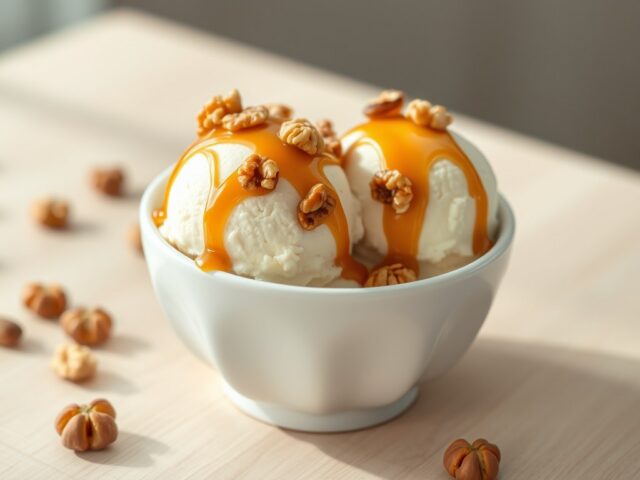 Mascarpone-ijs met noten en karamel
