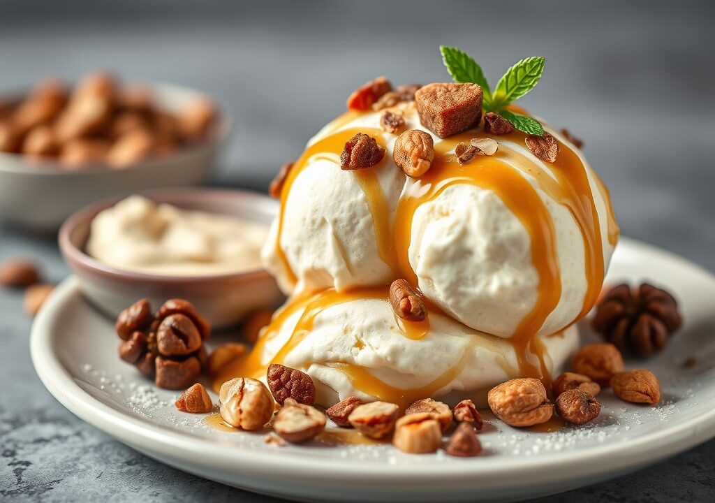 Mascarpone-ijs met noten en karamel, AI-gegenereerde illustratie