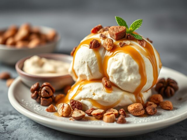 Mascarpone-ijs met noten en karamel