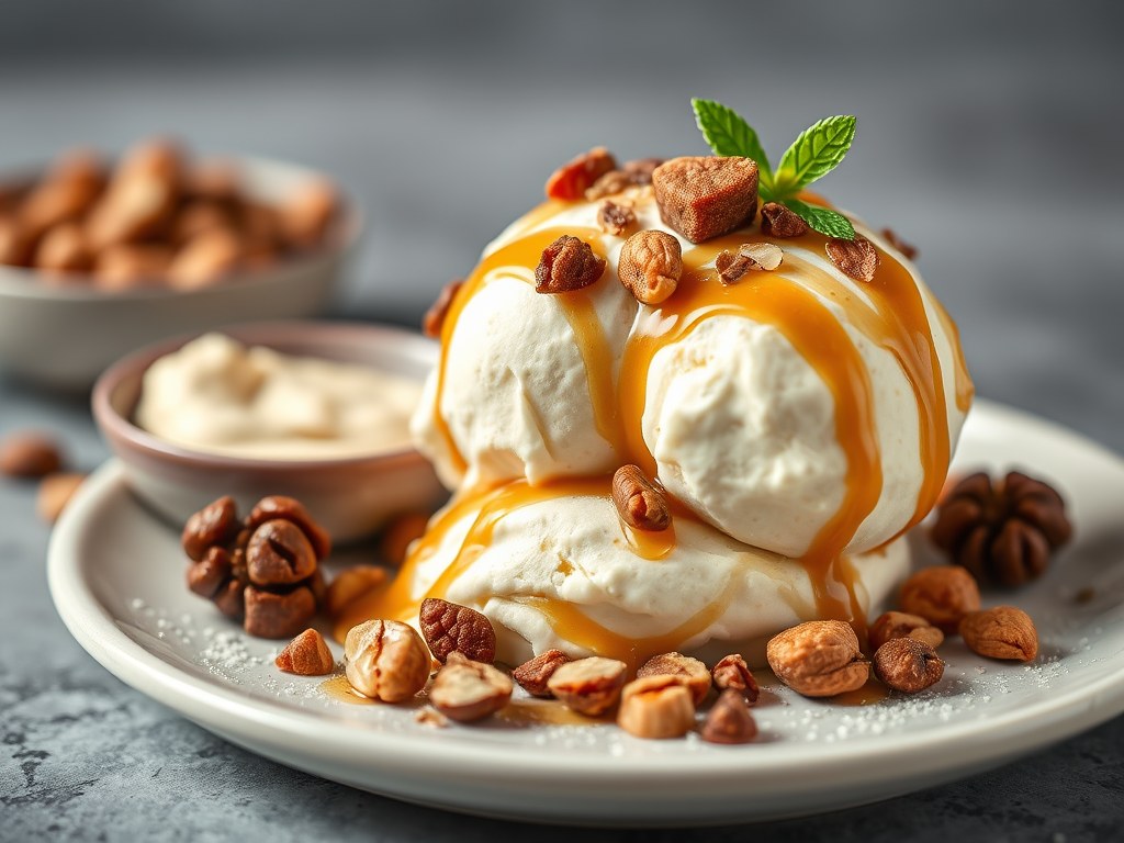 Mascarpone-ijs met noten en karamel, AI-gegenereerde illustratie