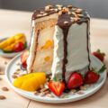 Mascarpone ijstaart met chocoladesaus, mango en aardbeien