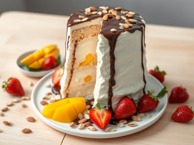 Mascarpone ijstaart met chocoladesaus, mango en aardbeien