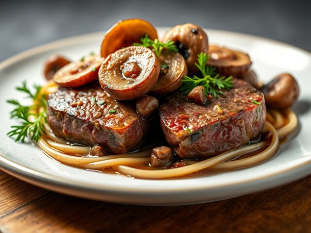 Medaillons van het Angus-rund met paddestoelen