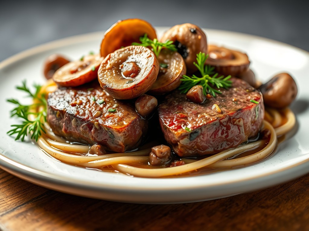 Medaillons van het Angus-rund met paddestoelen, AI-gegenereerde illustratie