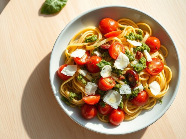 Meditiraanse puntpaprika met pasta en knoflook basilicumpestosaus