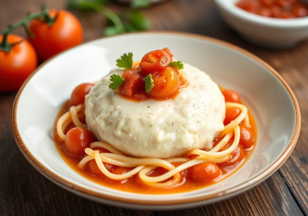 Meivis met tomatenroomsaus, AI-gegenereerde illustratie