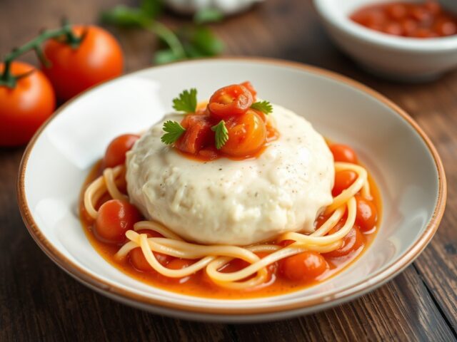 Meivis met tomatenroomsaus — AI-gegenereerde illustratie