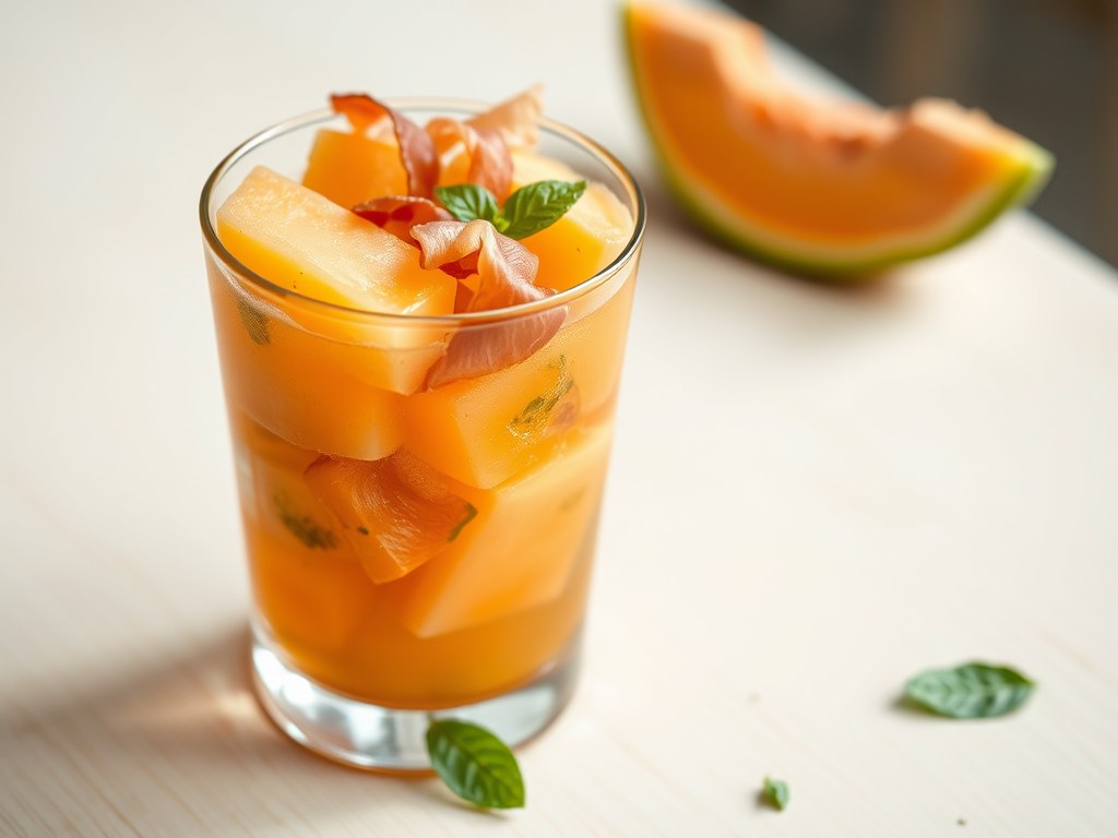 Meloencocktail met basilicum en seranoham, AI-gegenereerde illustratie