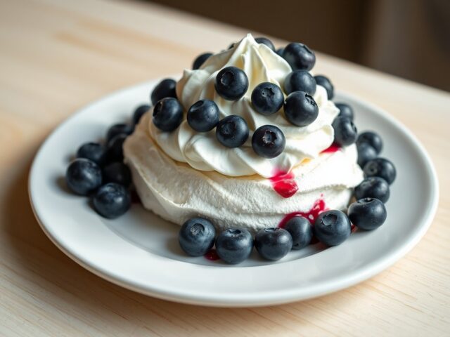 Merengue met room en blauwe bessen