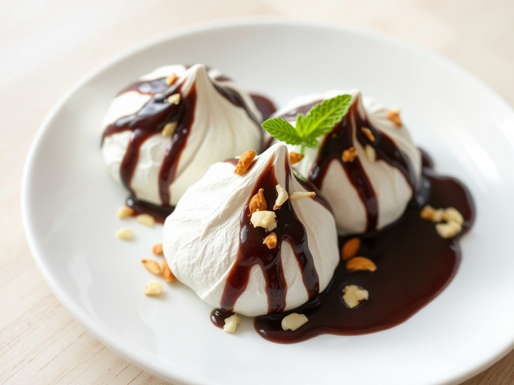 Merengues met chocoladesaus, AI-gegenereerde illustratie