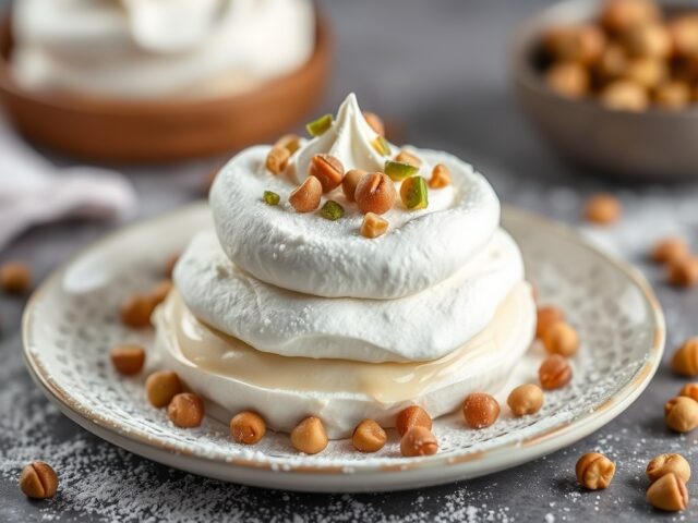 Meringue ijsdessert met witte chocoladesaus — AI-gegenereerde illustratie