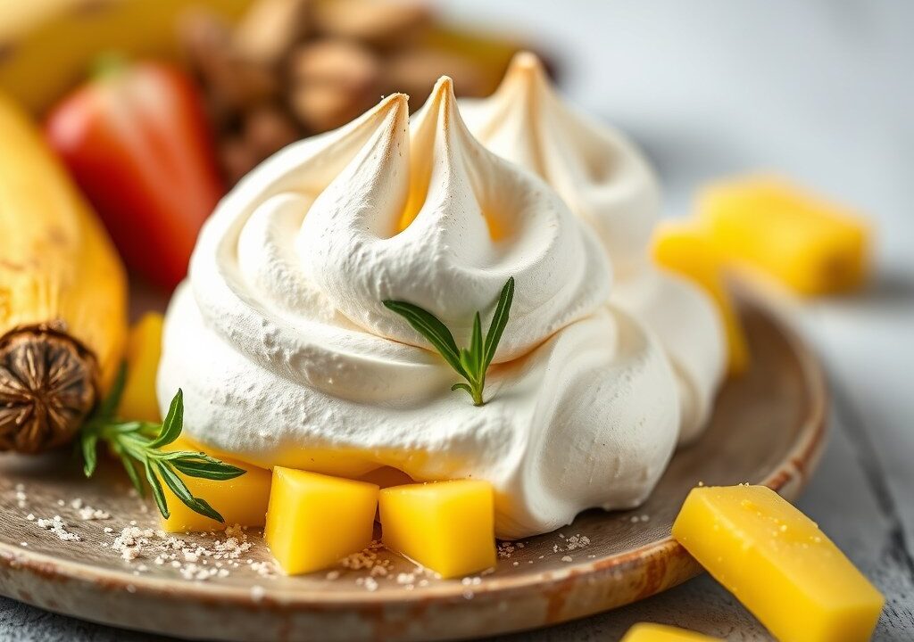 Meringues met gepocheerde ananas, AI-gegenereerde illustratie