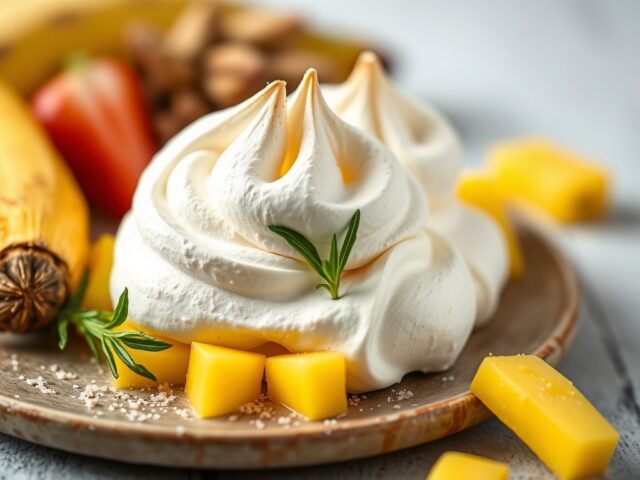 Meringues met gepocheerde ananas — AI-gegenereerde illustratie