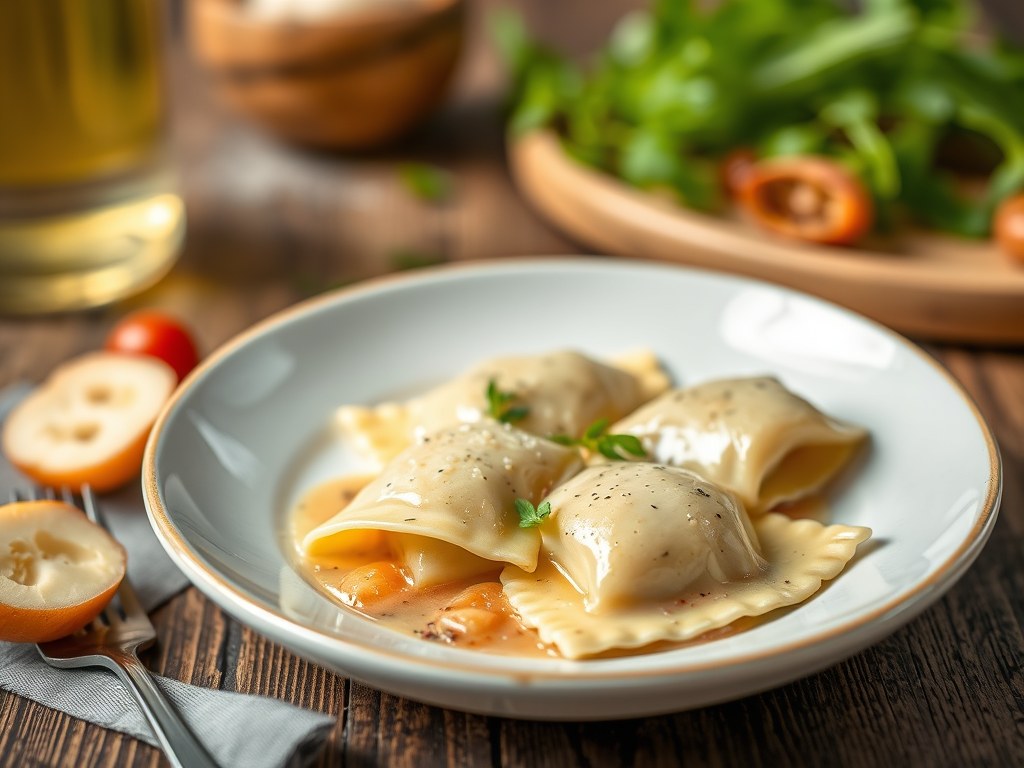 Met eend gevulde ravioli met savooiekool en eenden, AI-gegenereerde illustratie
