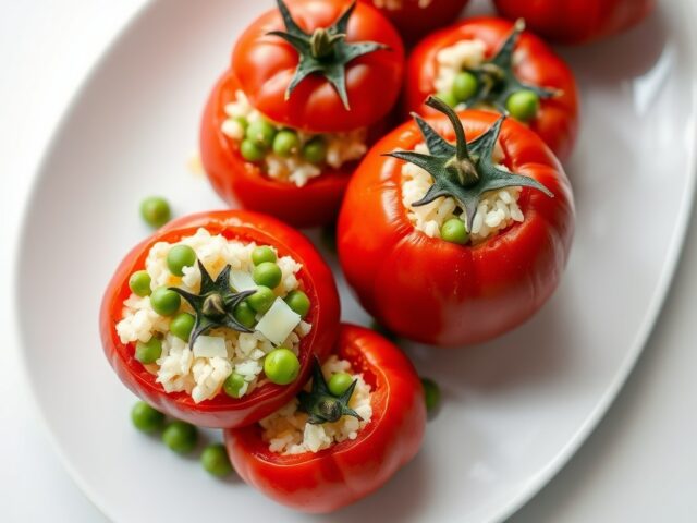 Met erwtjes en parmezaan gevulde tomaten