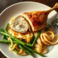 Met gorgonzola gevulde parelhoenbout en verse pasta