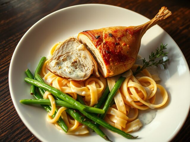 Met gorgonzola gevulde parelhoenbout en verse pasta
