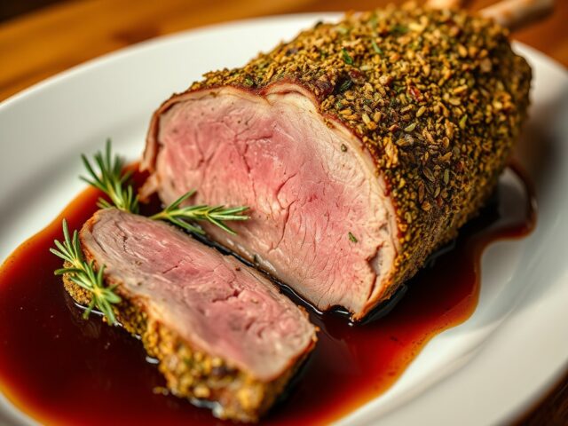 Met kruiden gegratineerd lamsribstuk (zie opm)