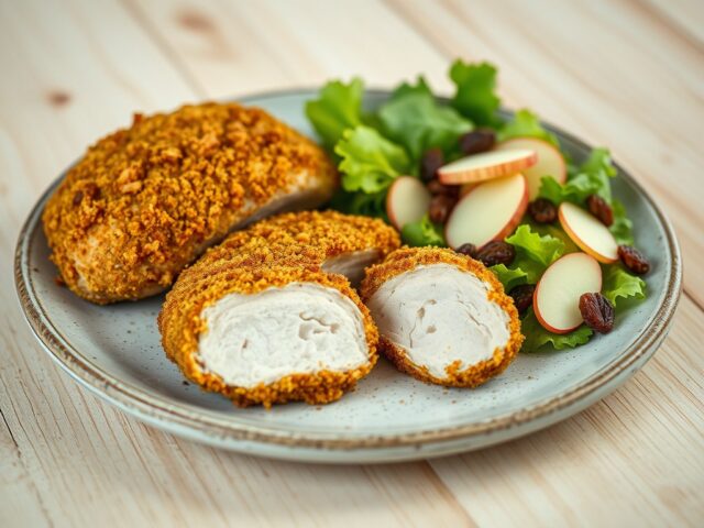 Met speculaas gepaneerde kip en salade met appels
