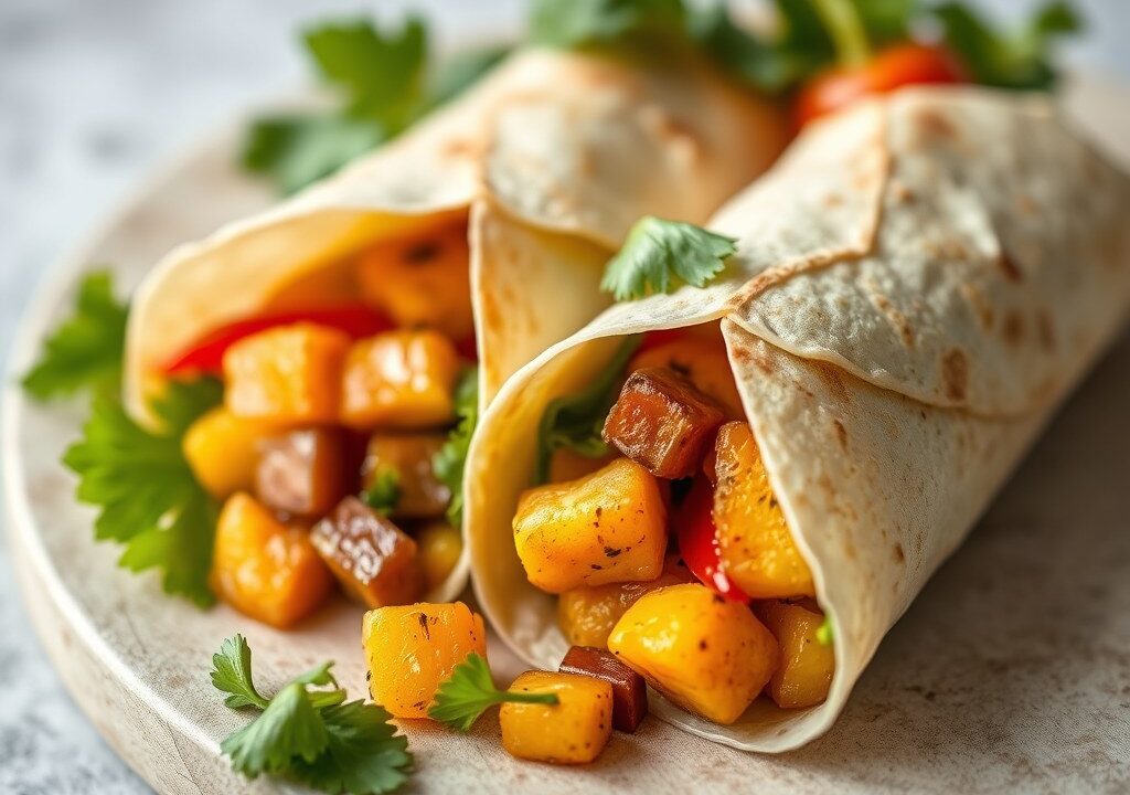 Mexicaanse wraps met paprika en roerbakblokjes, AI-gegenereerde illustratie
