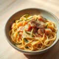 Mie met zalm en courgette