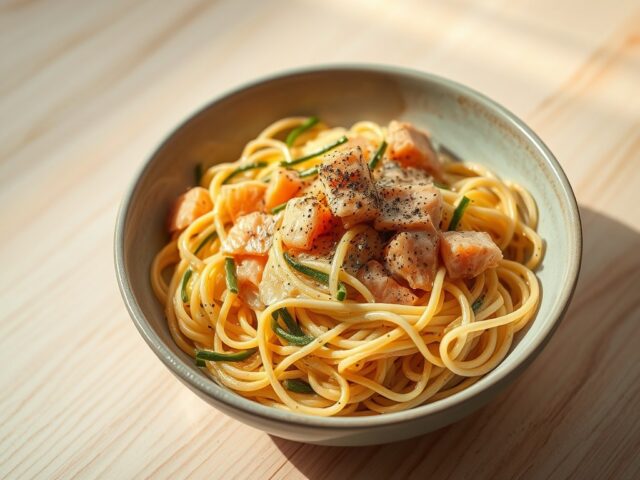 Mie met zalm en courgette