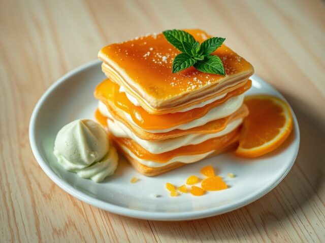 Mille-feuille met marmelade, muntijs, en citrus sa