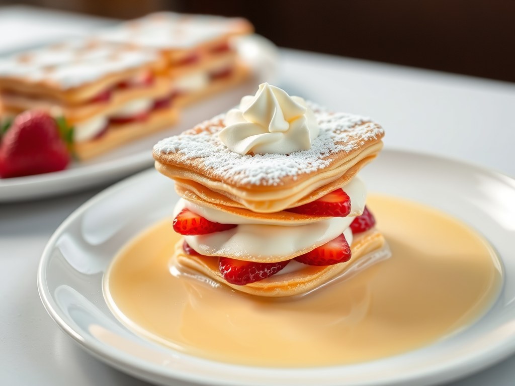 Mille-feuille van aardbeien met crème anglaise e, AI-gegenereerde illustratie