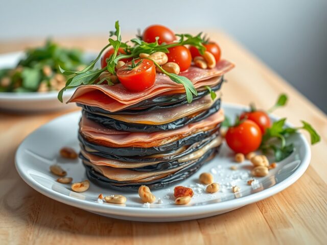 Millefeuille van aubergines met gedroogde ham