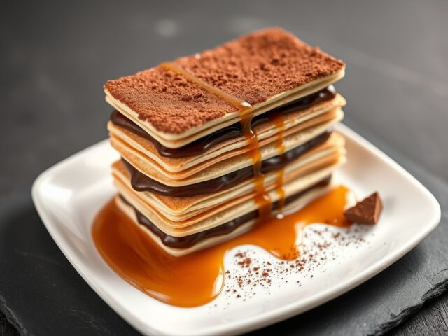 Millefeuille van chocolade met karamelsaus (zie op