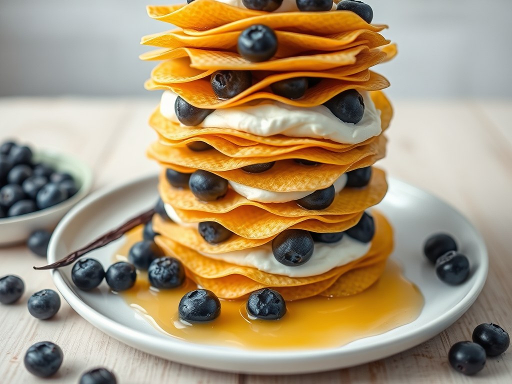 Millefeuille van Lasagne met blauwbes en kwark, AI-gegenereerde illustratie