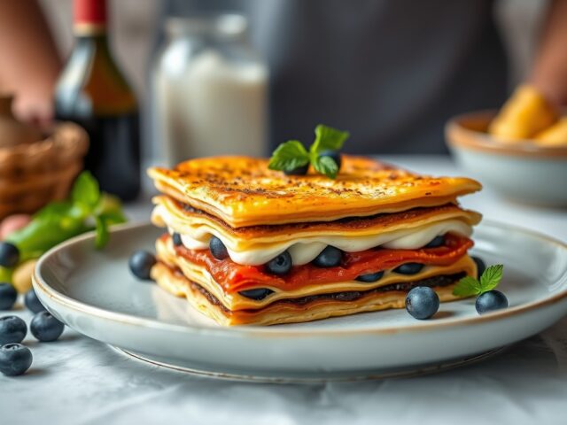 Millefeuille van Lasagne met blauwbes en kwark — AI-gegenereerde illustratie