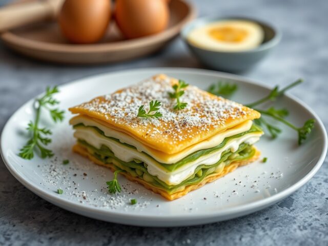 Millefeuille van prei en gepocheerde eieren — AI-gegenereerde illustratie