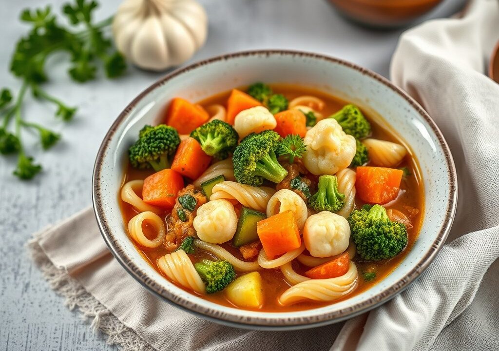 Minestrone met Griekse pasta, AI-gegenereerde illustratie