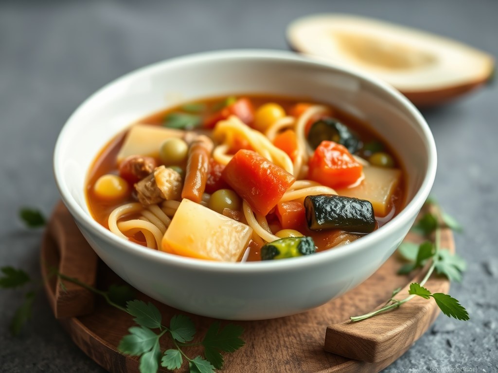 Minestrone met pasta, AI-gegenereerde illustratie