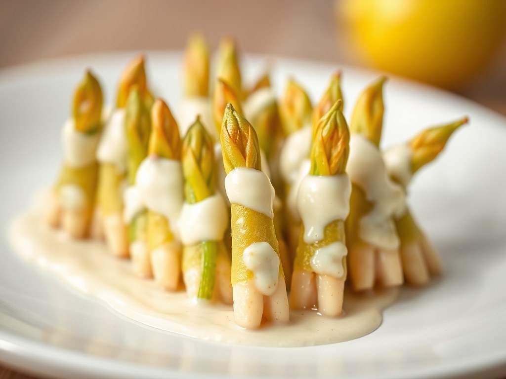 Mini-asperges met ansjovismayonaise, AI-gegenereerde illustratie