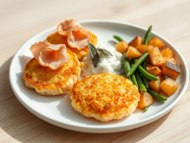 Mini-schnitzels met rauwe ham, snijboontjes en gebakken aardappeltjes