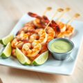 Minibrochettes met gegrilde scampis en saus van avocado en limoen