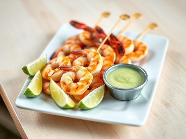 Minibrochettes met gegrilde scampis en saus van avocado en limoen