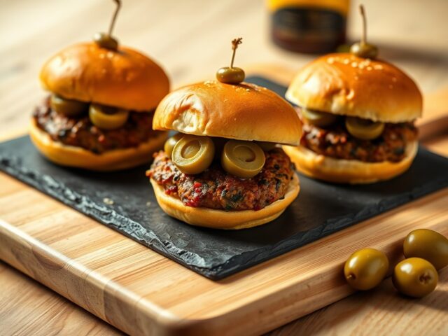 Miniburgers met chorizo en olijven