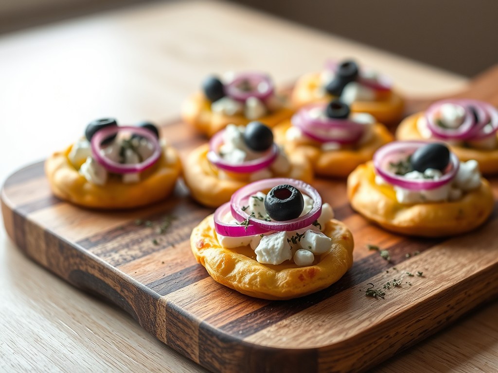 Minipizza met feta en rode ui, AI-gegenereerde illustratie