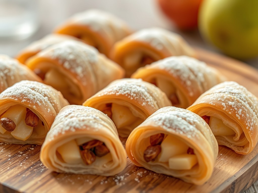 Ministrudels met peer en abrikozen, AI-gegenereerde illustratie