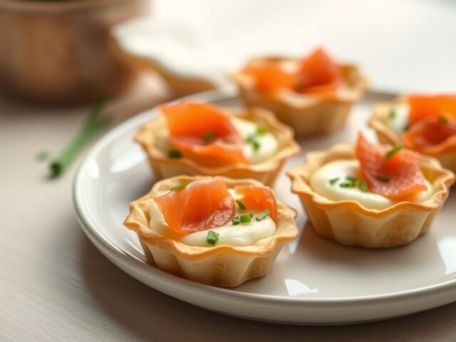 Minitaartje gevuld met franse kaas en gerookte zalm